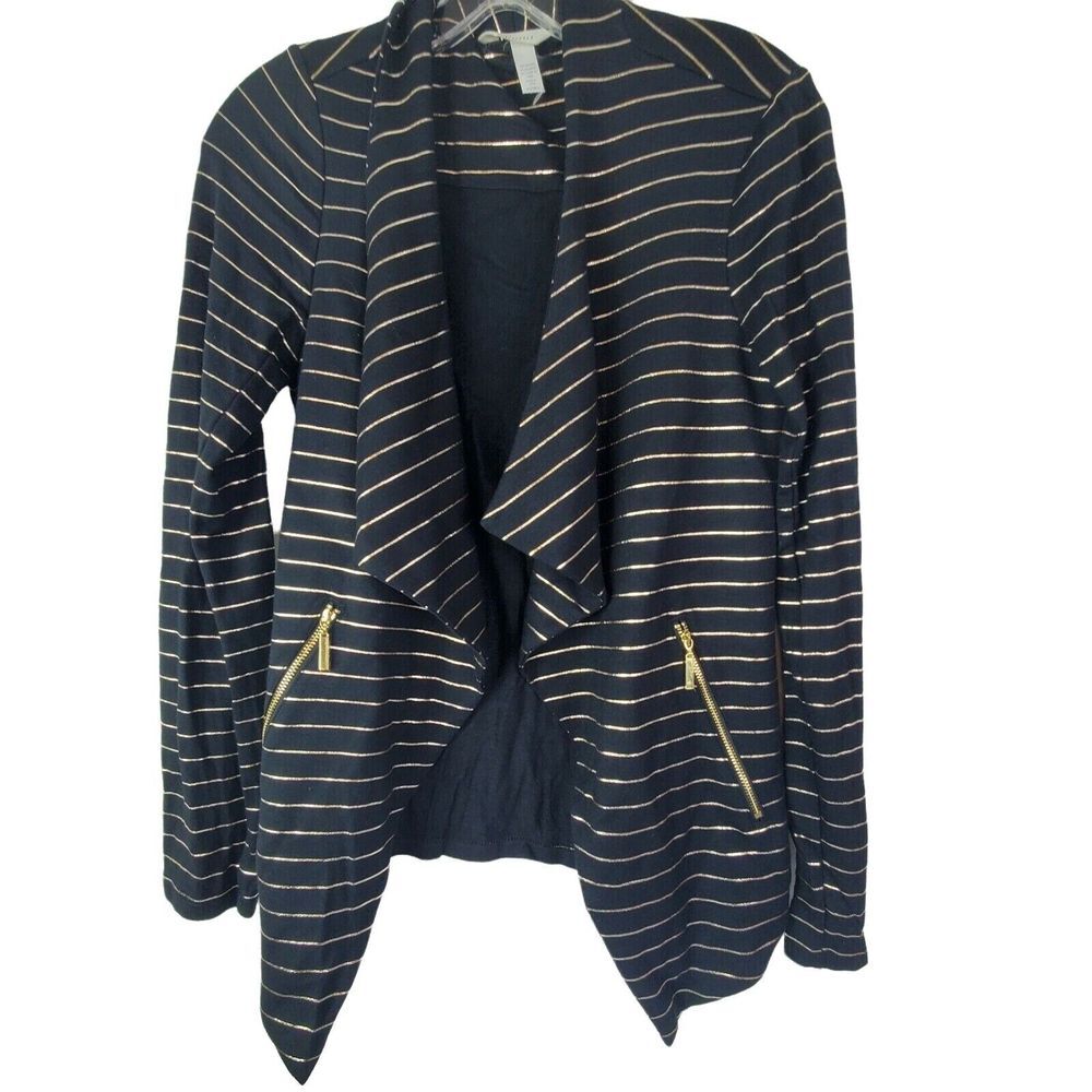 Soma Womens XS Black Gold Striped Knit‎ Blazer Jacket Soft Stretch LS